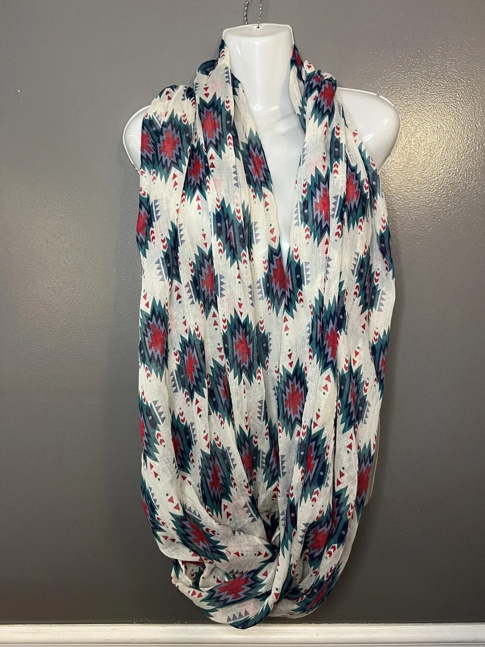 Aztec Southwestern Scarf Womens One Size Red Teal Geometric Lightweight Shawl